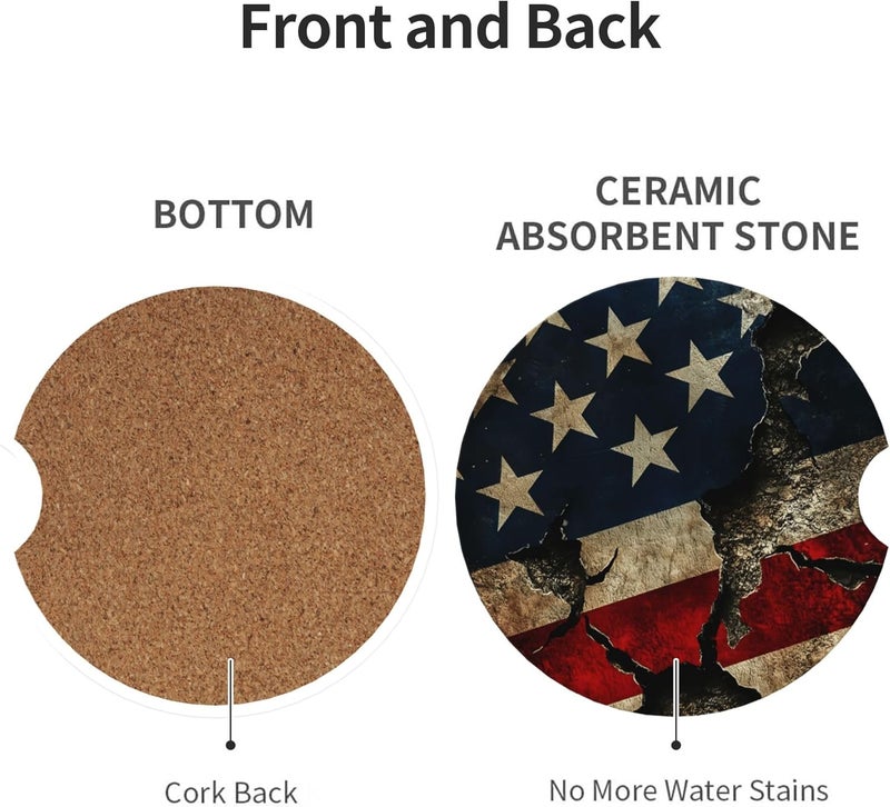 CTVSLFU Absorbent Car Coasters for Cup Holders, 2 Pack Universal Anti Slip Ceramic Cup Coaster for Women Men 2.56 Inch Car Interior Accessories - Vintage American Flag 011 - Image 2
